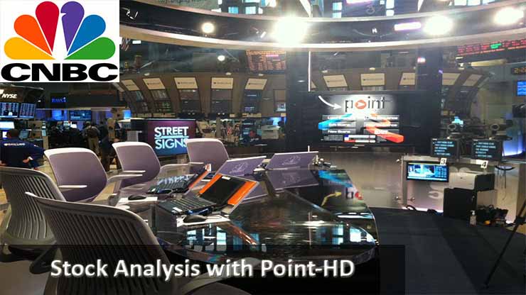 CNBC with POINT-HD TV studio set showing rtouchscreen in back and presenters and talent desk seating