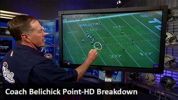 Patriots Belichick using POINT-HD on touchscreen in studio and telesrating on NFL game video